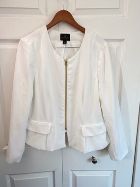 Worthington Womens Size 18 White Textured Gold Zip Peplum Blazer Jacket